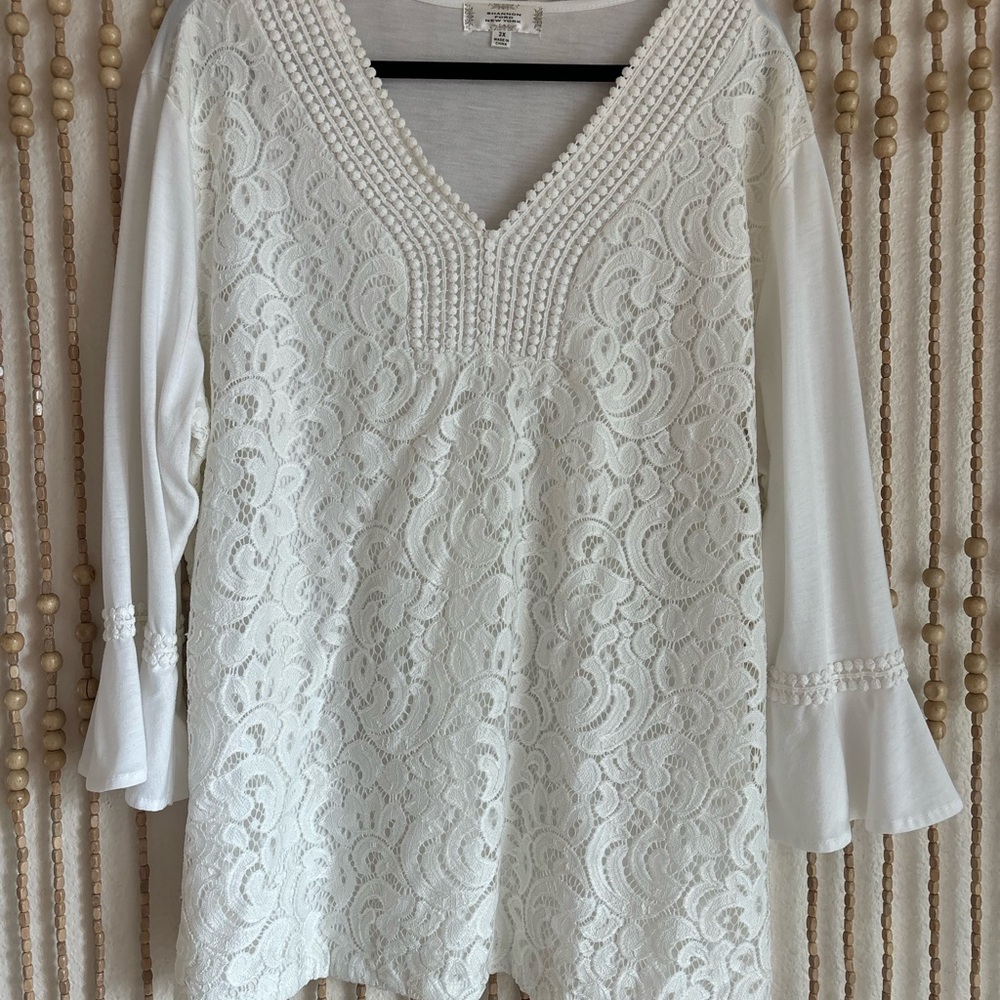 Shannon Ford White Crochet Lace Boho Bell Sleeve Coquette Western Cottage Blouse